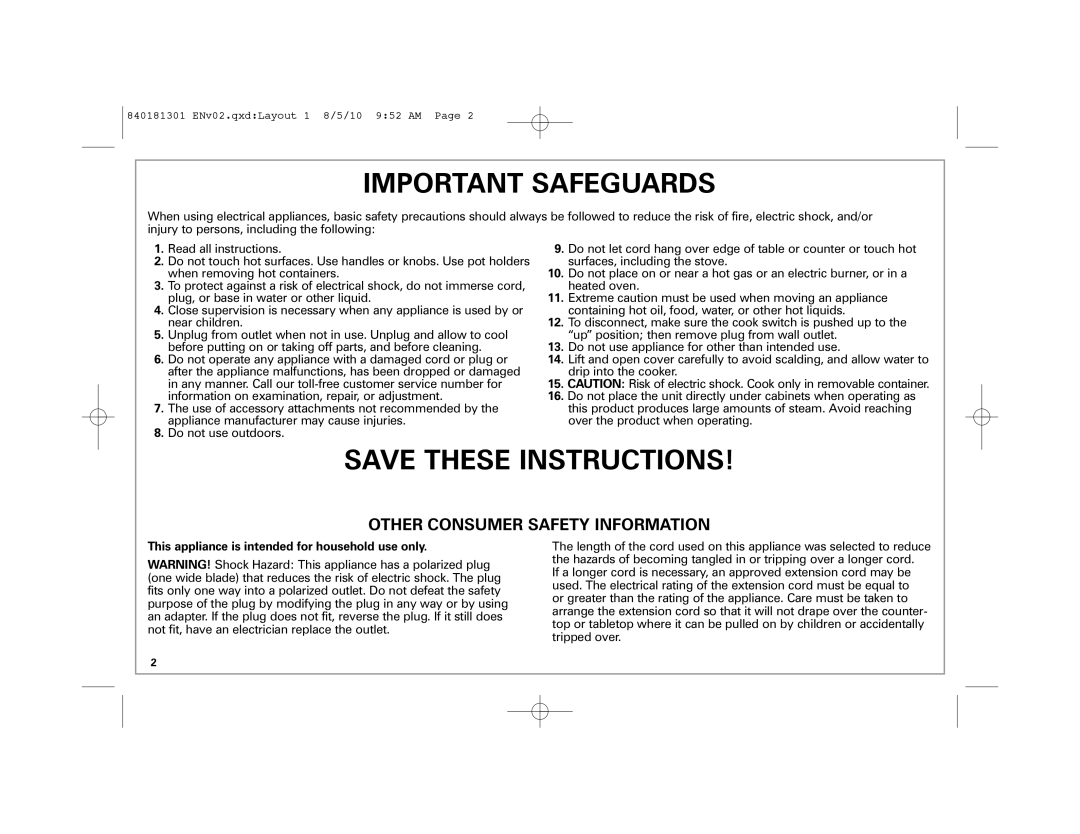 Hamilton Beach 37536 manual Important Safeguards 