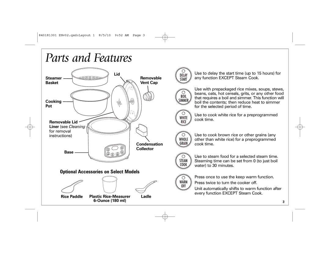 Hamilton Beach 37536 manual Condensation Collector Base, Rice Paddle Plastic Rice-Measurer, Ounce 180 ml 