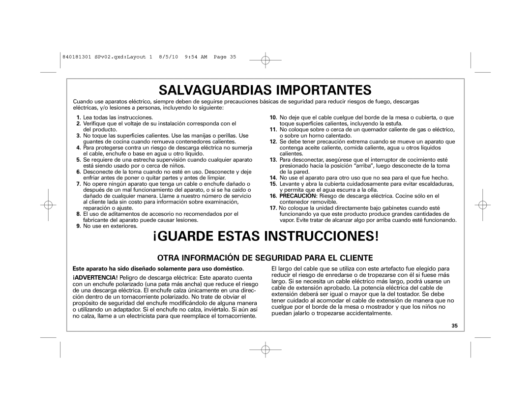 Hamilton Beach 37536 manual Salvaguardias Importantes 