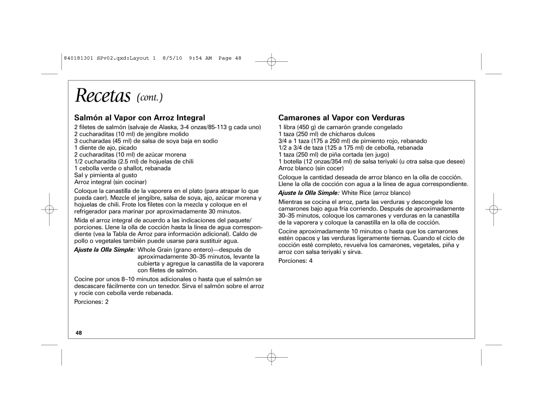 Hamilton Beach 37536 manual Salmón al Vapor con Arroz Integral, Camarones al Vapor con Verduras 