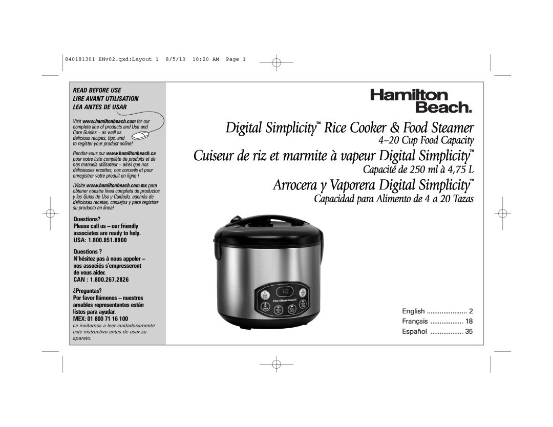 Hamilton Beach 37536 manual Digital Simplicity Rice Cooker & Food Steamer, Arrocera y Vaporera Digital Simplicity, English 
