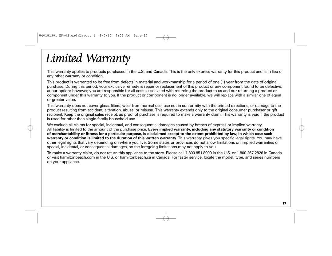 Hamilton Beach 37536 manual Limited Warranty 