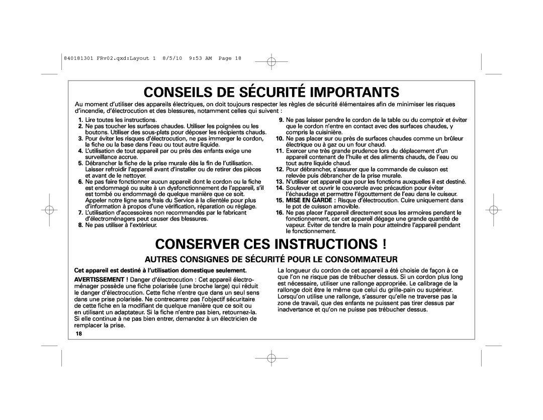 Hamilton Beach 37536 manual Conseils De Sécurité Importants, Conserver Ces Instructions 