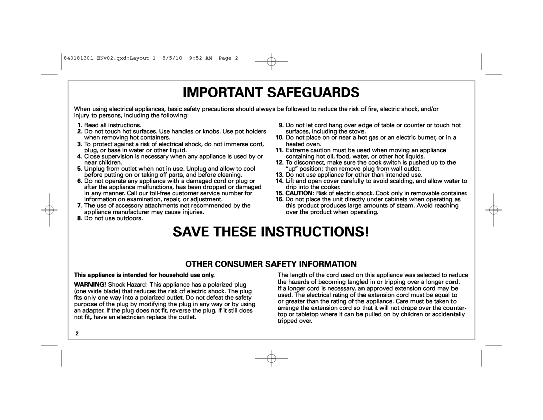 Hamilton Beach 37536 manual Important Safeguards, Save These Instructions, Other Consumer Safety Information 