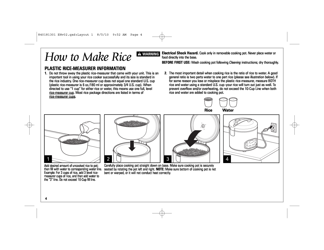 Hamilton Beach 37536 manual How to Make Rice, Plastic Rice-Measurer Information, Rice Water, w WARNING 