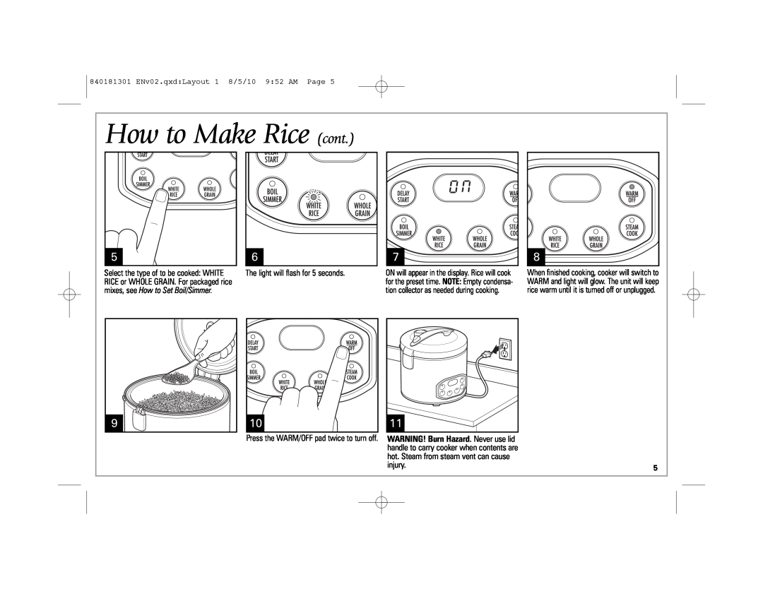 Hamilton Beach 37536 manual How to Make Rice cont, 840181301 ENv02.qxdLayout 1 8/5/10 952 AM Page 
