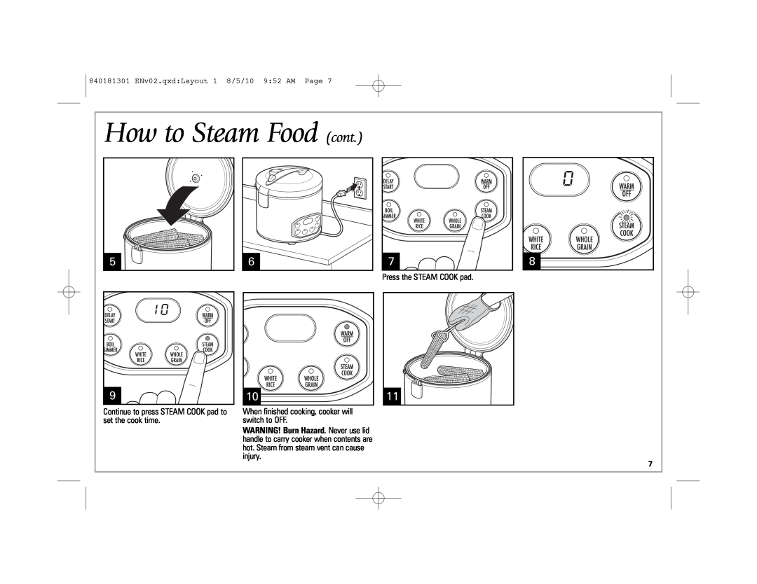 Hamilton Beach 37536 manual How to Steam Food cont, Continue to press STEAM COOK pad to set the cook time 