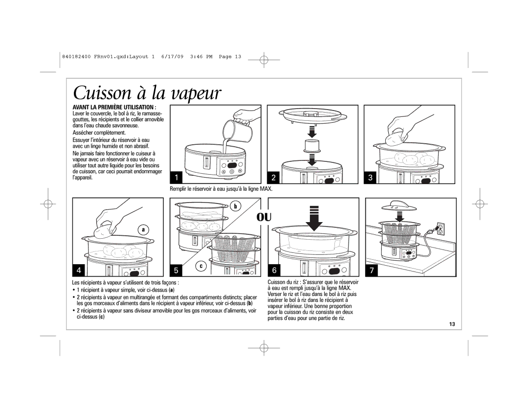 Hamilton Beach 37537 manual Cuisson à la vapeur, Assécher complètement 