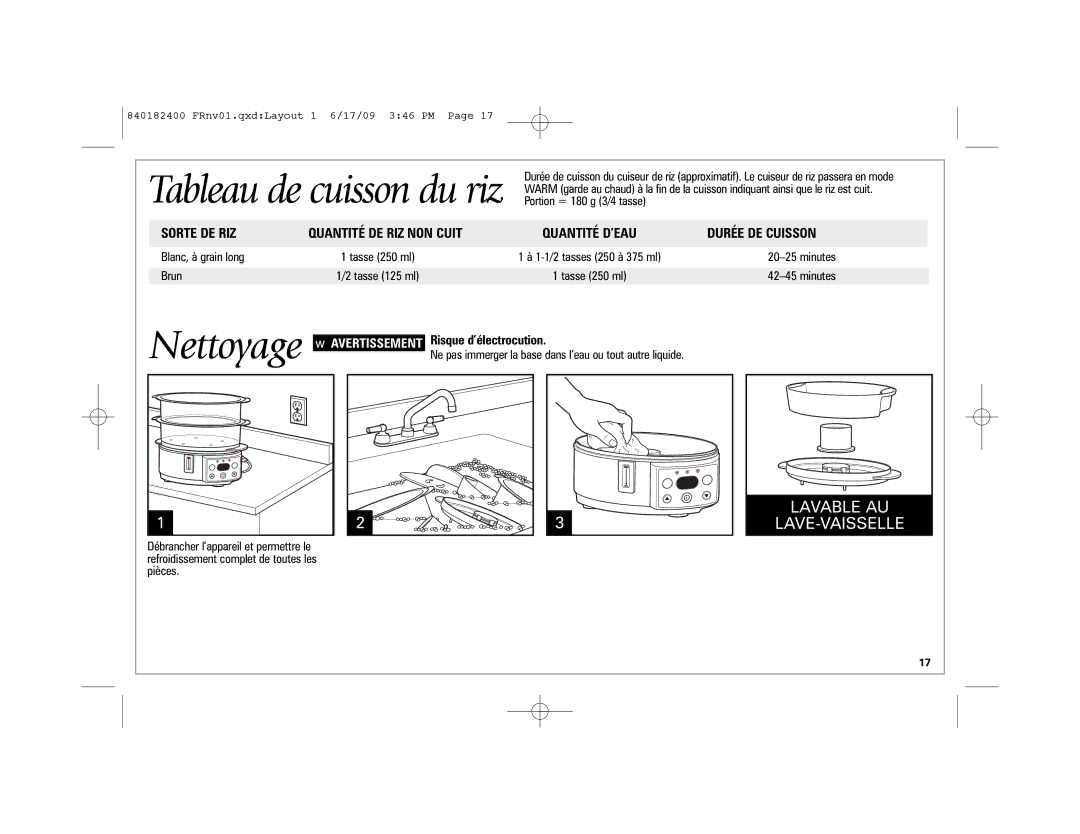 Hamilton Beach 37537 manual Portion = 180 g 3/4 tasse, Blanc, à grain long, Minutes Brun 