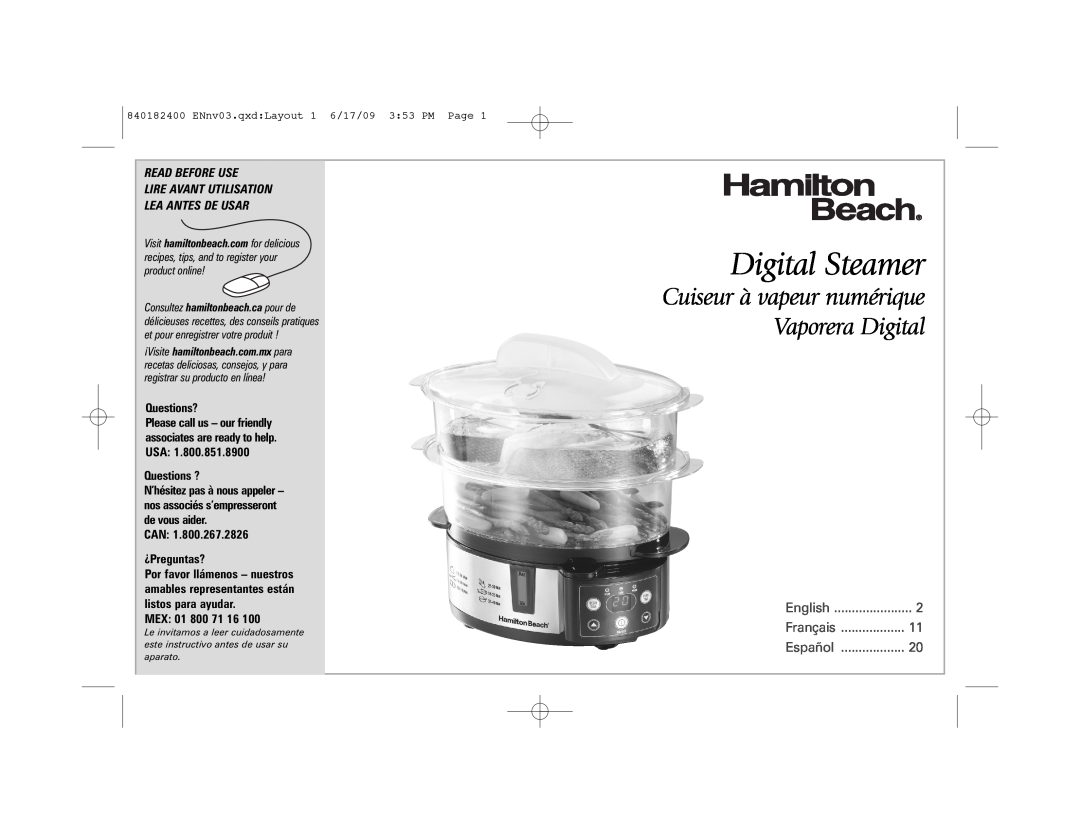 Hamilton Beach 37537 manual Digital Steamer, Cuiseur à vapeur numérique Vaporera Digital, Questions?, Questions ?, English 