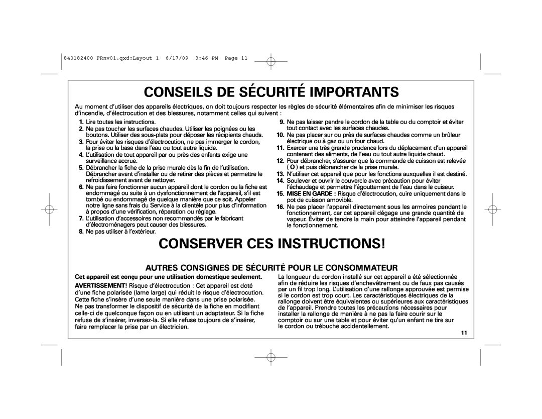 Hamilton Beach 37537 manual Conseils De Sécurité Importants, Conserver Ces Instructions 