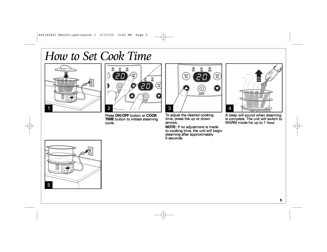 Hamilton Beach 37537 How to Set Cook Time, Press ON/OFF button or COOK TIME button to initiate steaming cycle, seconds 