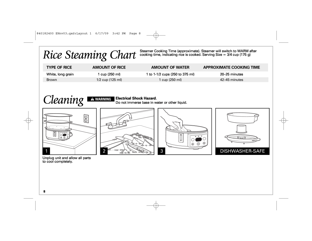 Hamilton Beach 37537 manual Cleaning, Dishwasher-Safe, Type Of Rice, Amount Of Rice, Amount Of Water, w WARNING 