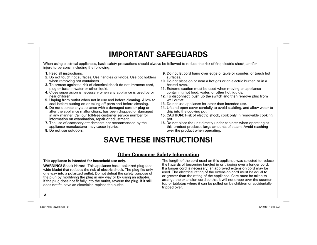 Hamilton Beach 37538N manual Important Safeguards 