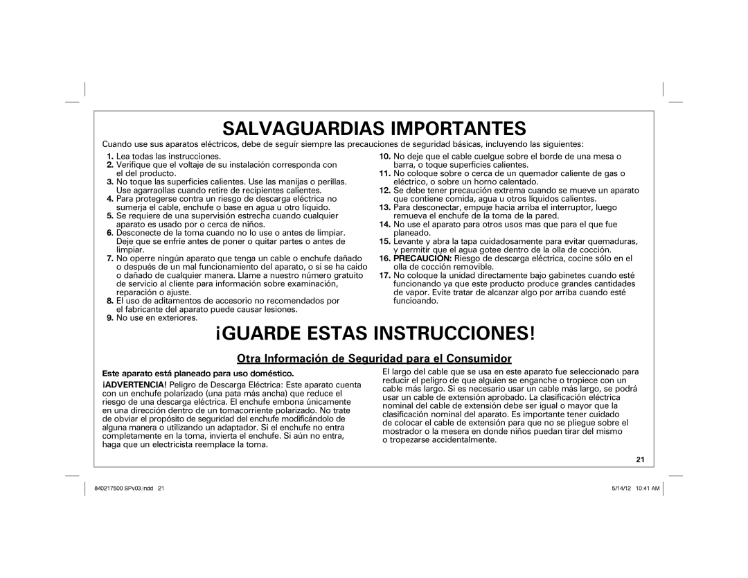 Hamilton Beach 37538N manual Salvaguardias Importantes 