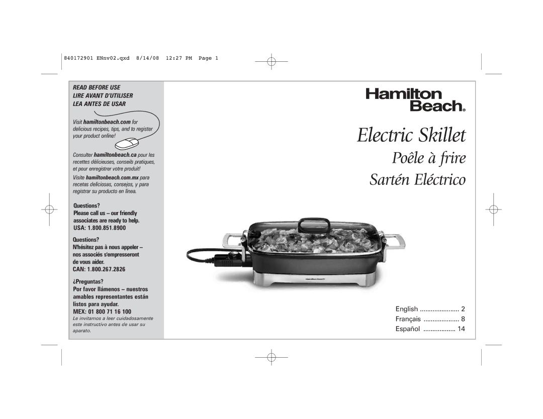 Hamilton Beach 38540C SK03 120 V~ 60 Hz 1500 W manual Electric Skillet, Questions?, Can ¿Preguntas?, MEX 01 800 71 16 