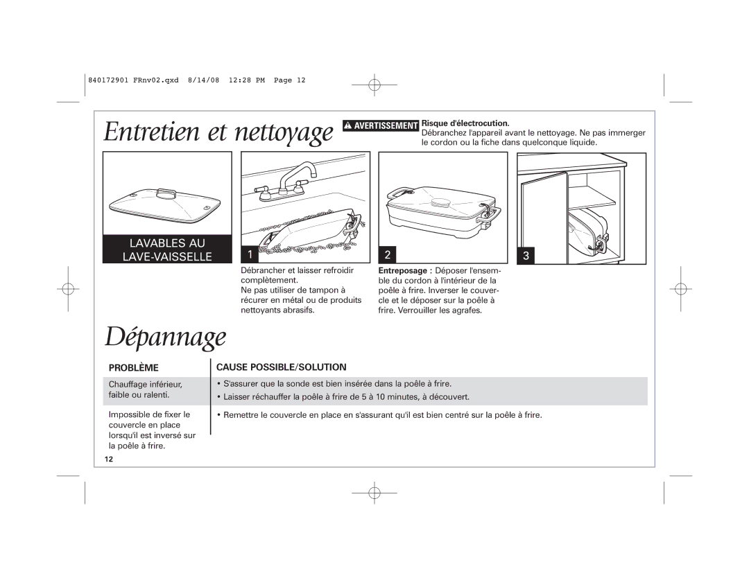 Hamilton Beach 38540C SK03 120 V~ 60 Hz 1500 W Dépannage, Problème, Cause POSSIBLE/SOLUTION, Risque délectrocution 