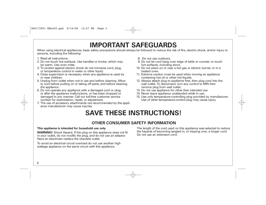 Hamilton Beach 38540 manual Important Safeguards, This appliance is intended for household use only 