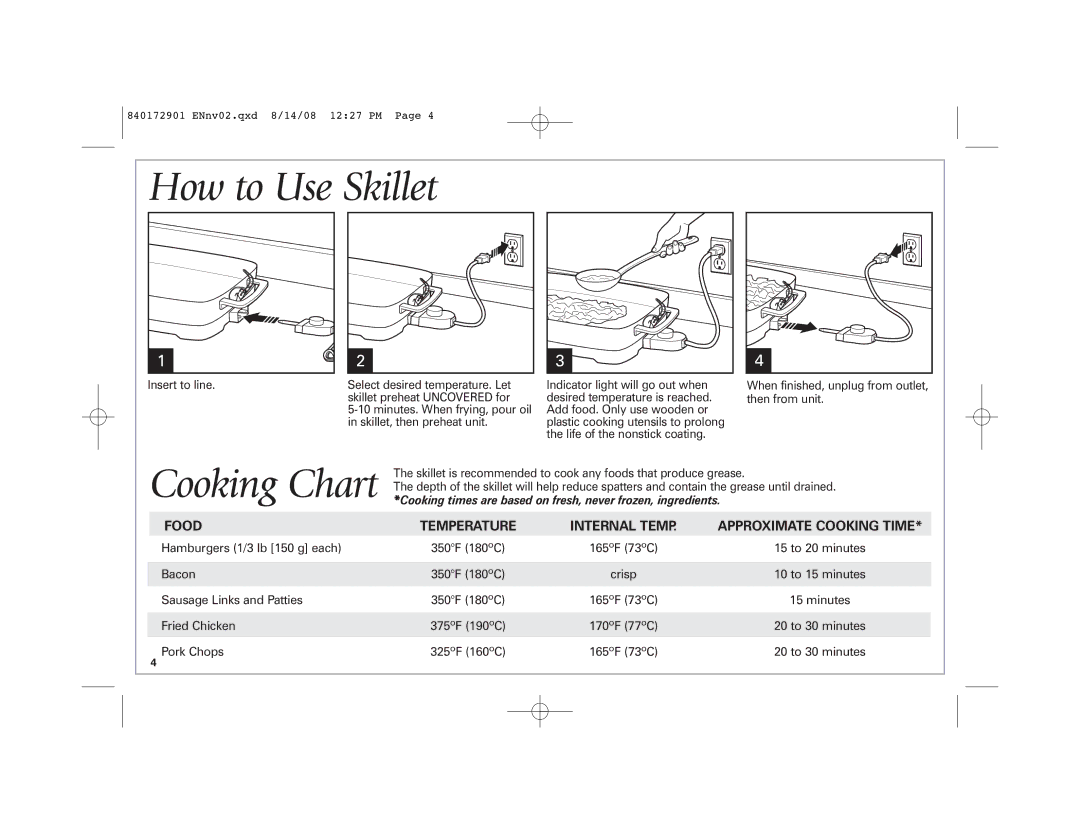 Hamilton Beach 38540C SK03 120 V~ 60 Hz 1500 W manual How to Use Skillet, Food, Temperature, Approximate Cooking Time 