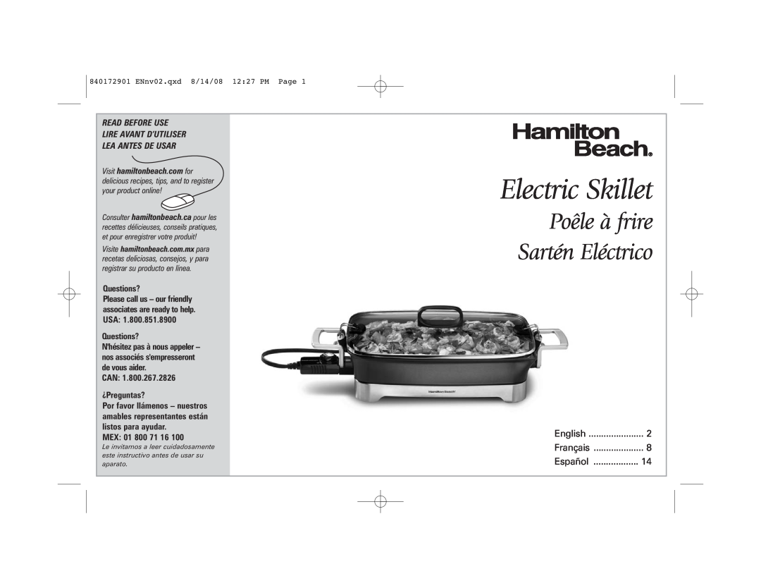 Hamilton Beach 38540 manual Electric Skillet, Poêle à frire Sartén Eléctrico, Read Before Use, Questions?, Questions ? 