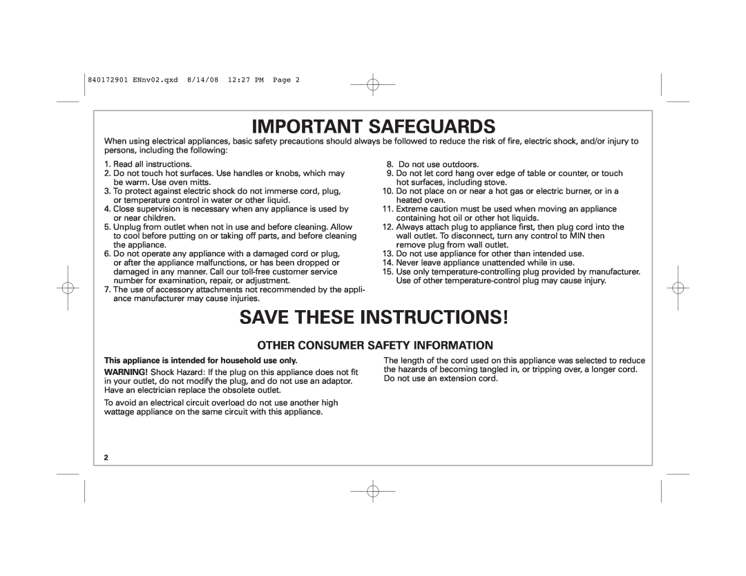 Hamilton Beach 38540 manual Important Safeguards, Save These Instructions, Other Consumer Safety Information 
