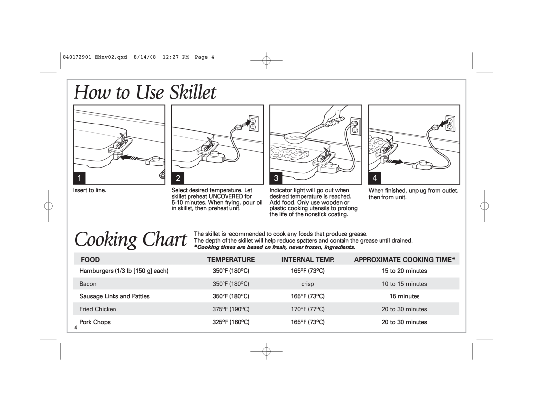 Hamilton Beach 38540 manual How to Use Skillet, Cooking Chart, Food, Temperature, Approximate Cooking Time, Internal Temp 