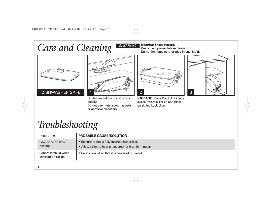 Hamilton Beach 38540 Troubleshooting, Care and Cleaning, Dishwasher Safe, Problem, Probable Cause/Solution, w WARNING 
