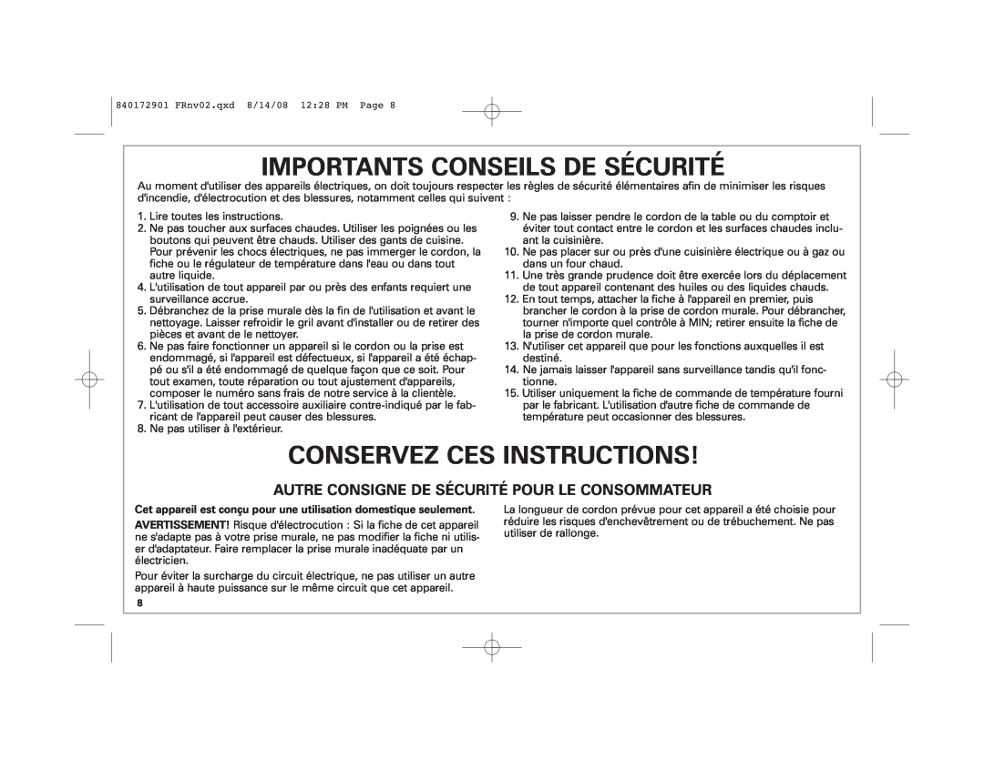 Hamilton Beach 38540C SK03 120 V~ 60 Hz 1500 W manual Importants Conseils De Sécurité, Conservez Ces Instructions 