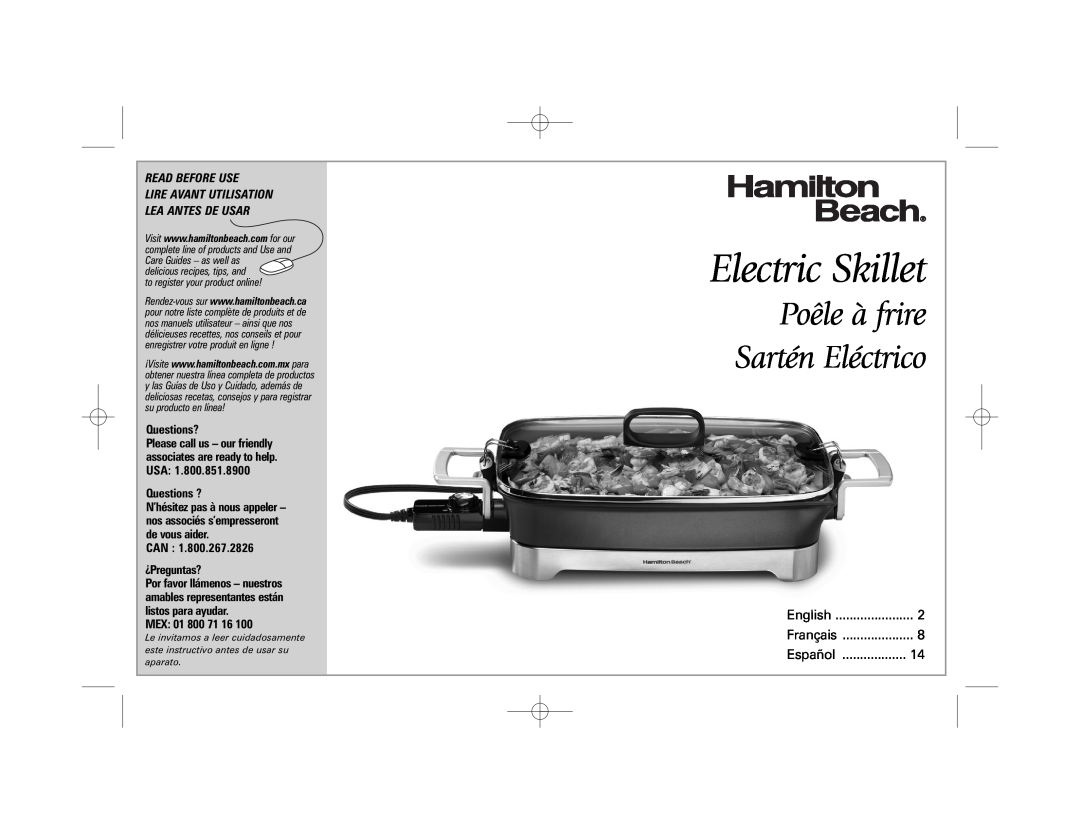 Hamilton Beach 38540 manual Electric Skillet, Poêle à frire Sartén Eléctrico, Read Before Use, Questions?, Questions ? 