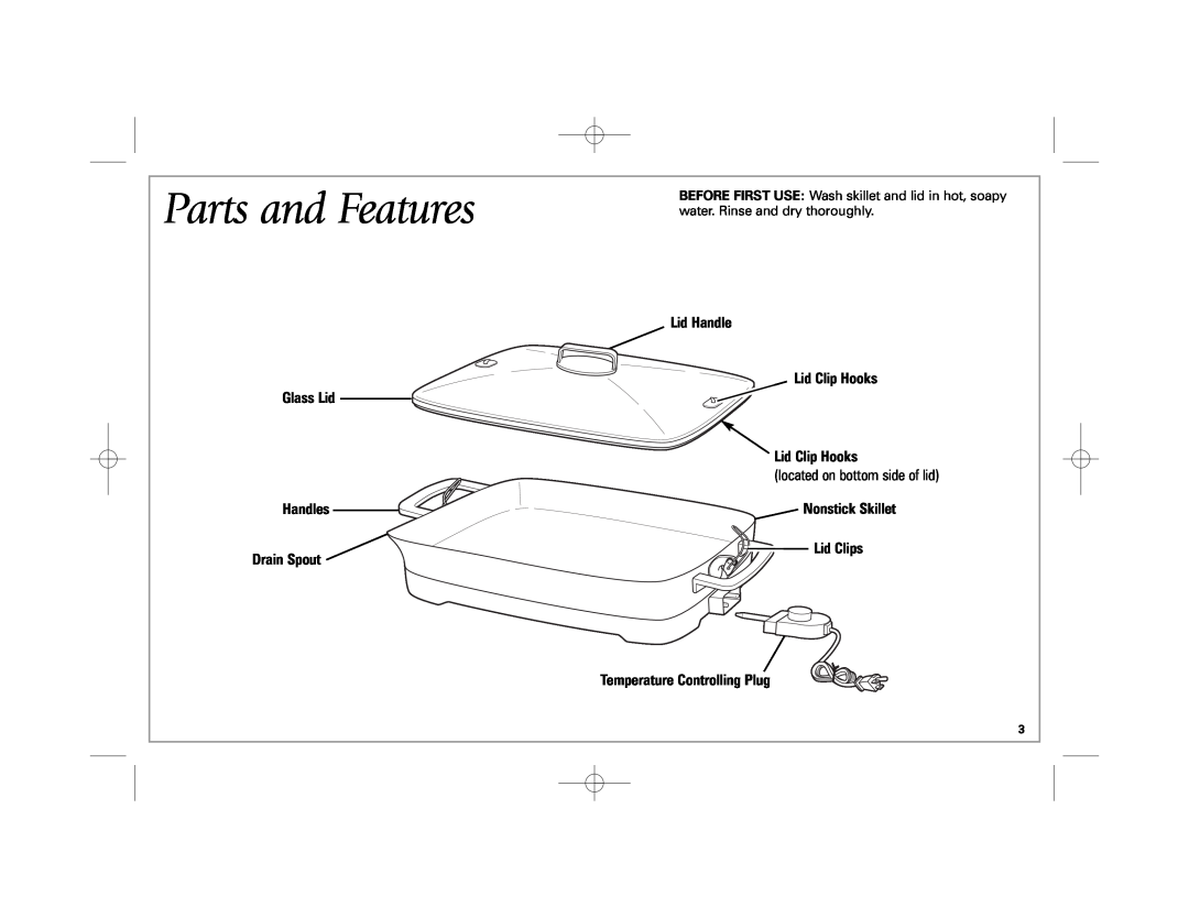 Hamilton Beach 38540 manual Parts and Features, Glass Lid Handles Drain Spout, Lid Handle Lid Clip Hooks Lid Clip Hooks 