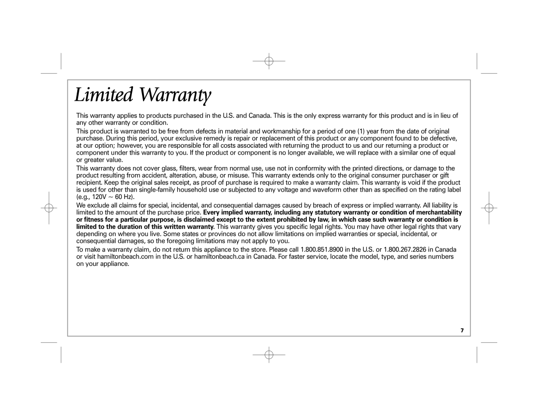 Hamilton Beach 38540 manual Limited Warranty 
