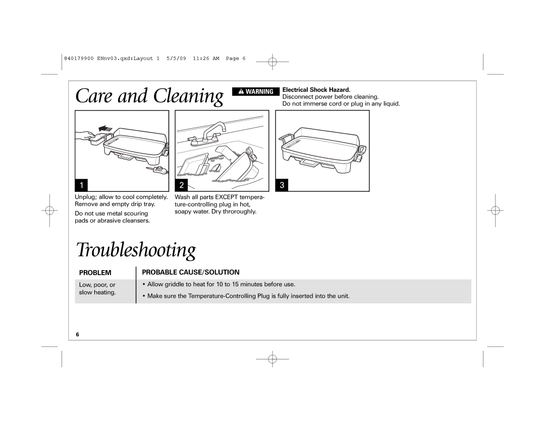 Hamilton Beach 38541 manual Care and Cleaning w Warning, Troubleshooting, Problem, Probable CAUSE/SOLUTION 