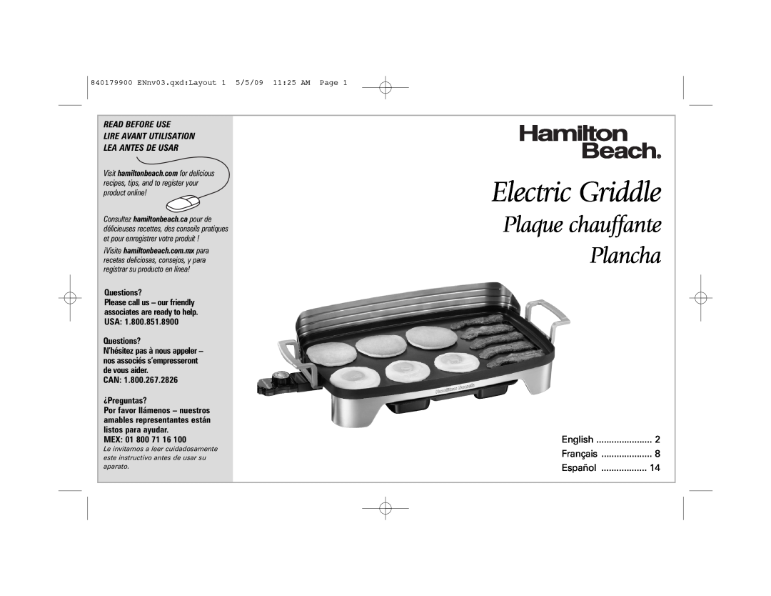 Hamilton Beach 38541 manual Electric Griddle, Plaque chauffante Plancha, ENnv03.qxdLayout 1 5/5/09 1125 AM Page 