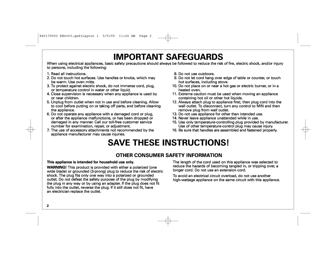 Hamilton Beach 38541 manual Important Safeguards, Save These Instructions, Other Consumer Safety Information 