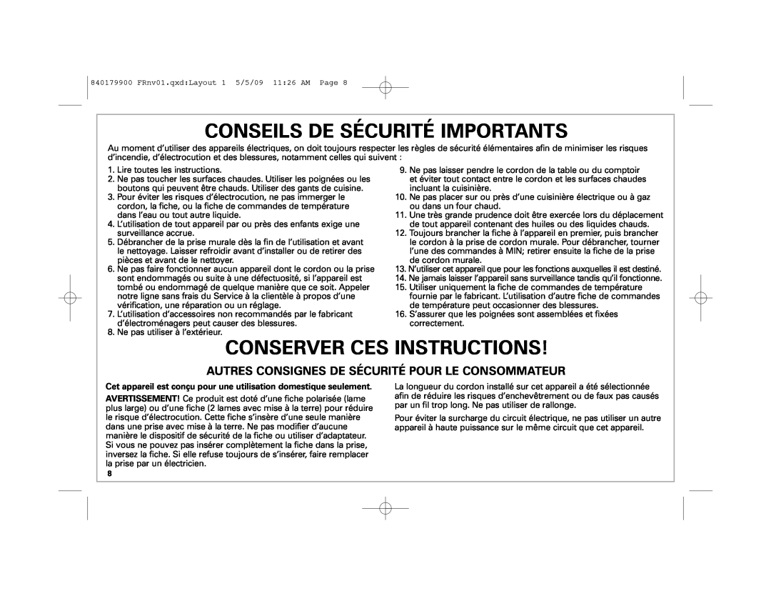 Hamilton Beach 38541 manual Conseils De Sécurité Importants, Conserver Ces Instructions 