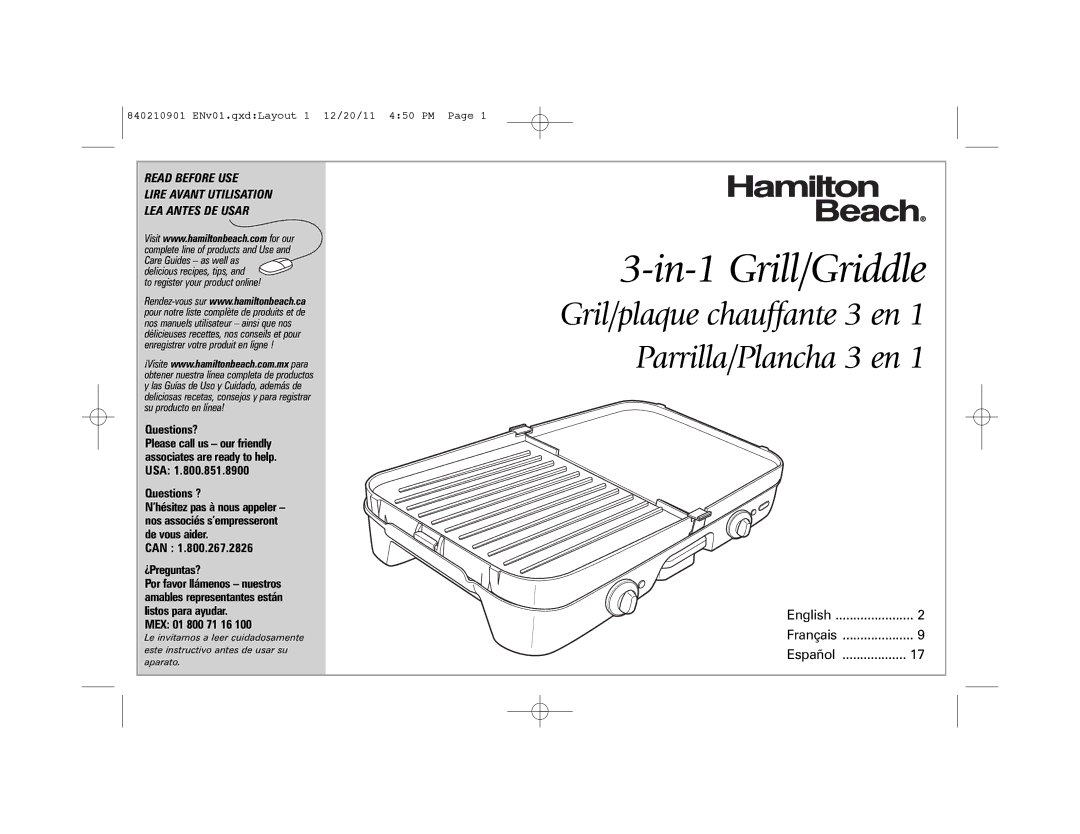 Hamilton Beach 38546 manual In-1 Grill/Griddle, Questions?, Questions ?, Can ¿Preguntas?, MEX 01 800 71 16 