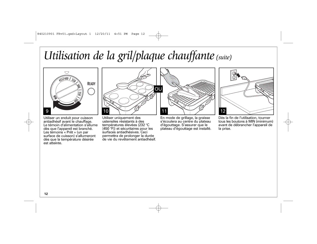 Hamilton Beach 38546 manual Utilisation de la gril/plaque chauffante suite 