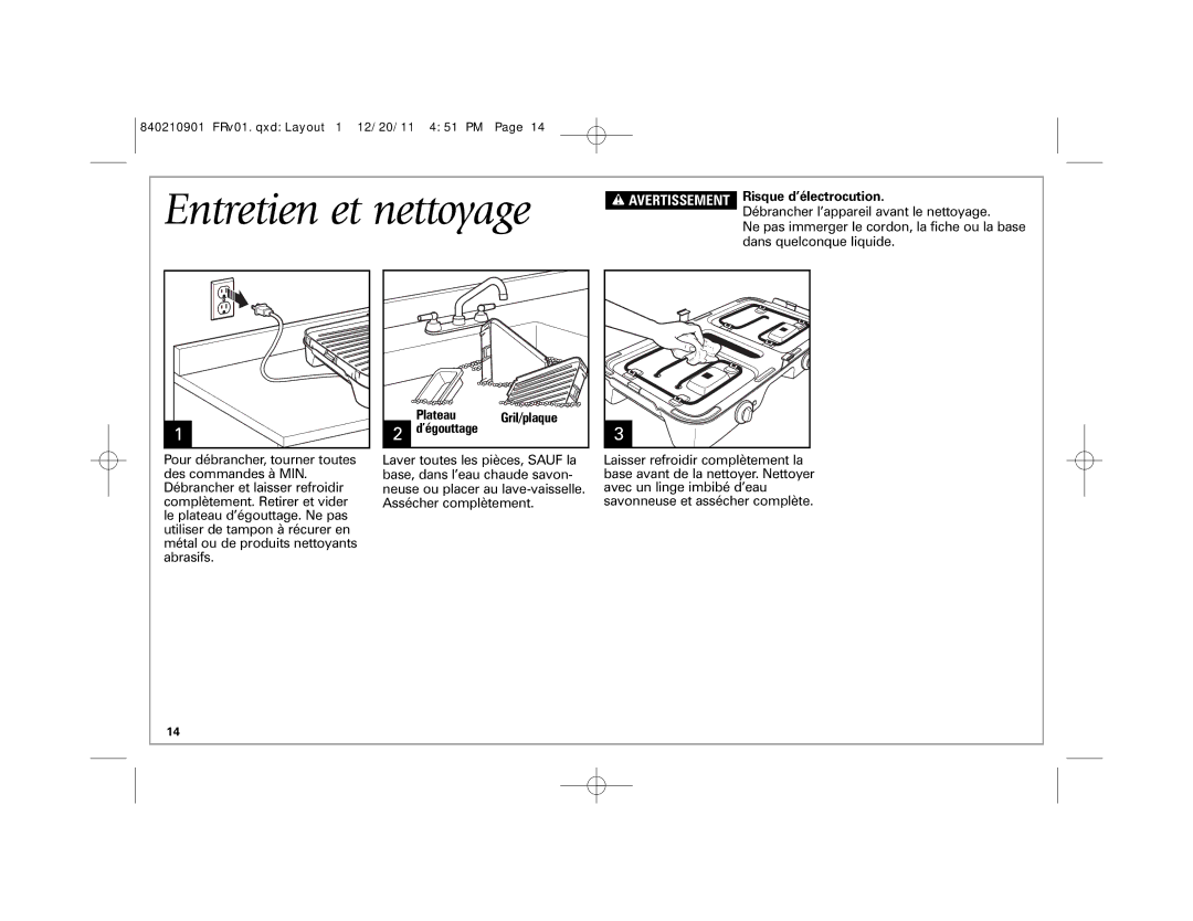 Hamilton Beach 38546 manual Entretien et nettoyage, Avertissement Risque d’électrocution, Plateau, ’égouttage 