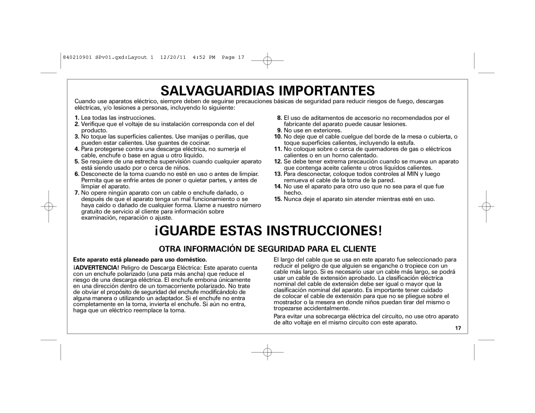 Hamilton Beach 38546 manual Salvaguardias Importantes, Este aparato está planeado para uso doméstico 