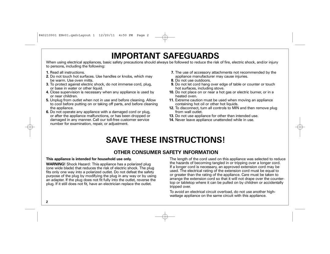 Hamilton Beach 38546 manual Important Safeguards, This appliance is intended for household use only 