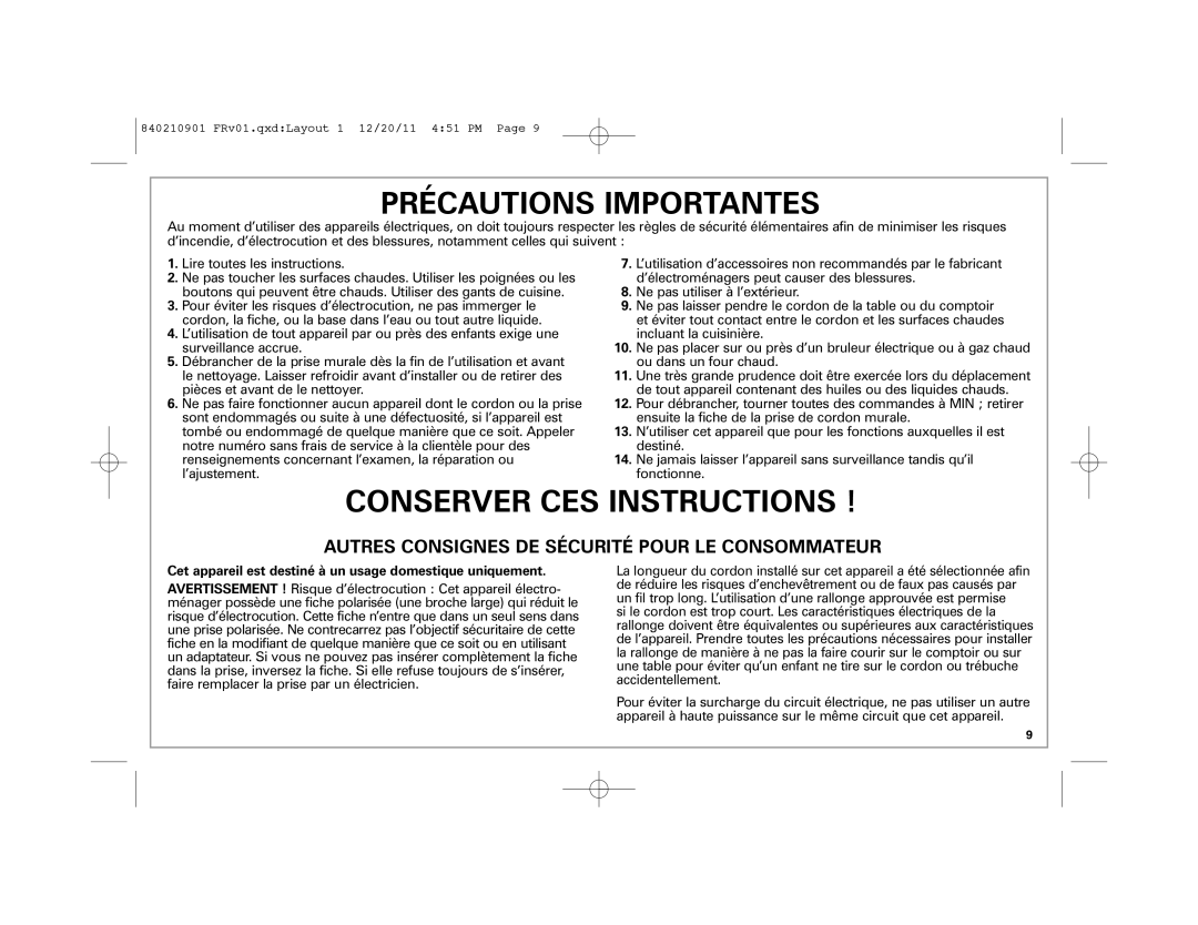 Hamilton Beach 38546 manual Précautions Importantes, Cet appareil est destiné à un usage domestique uniquement 