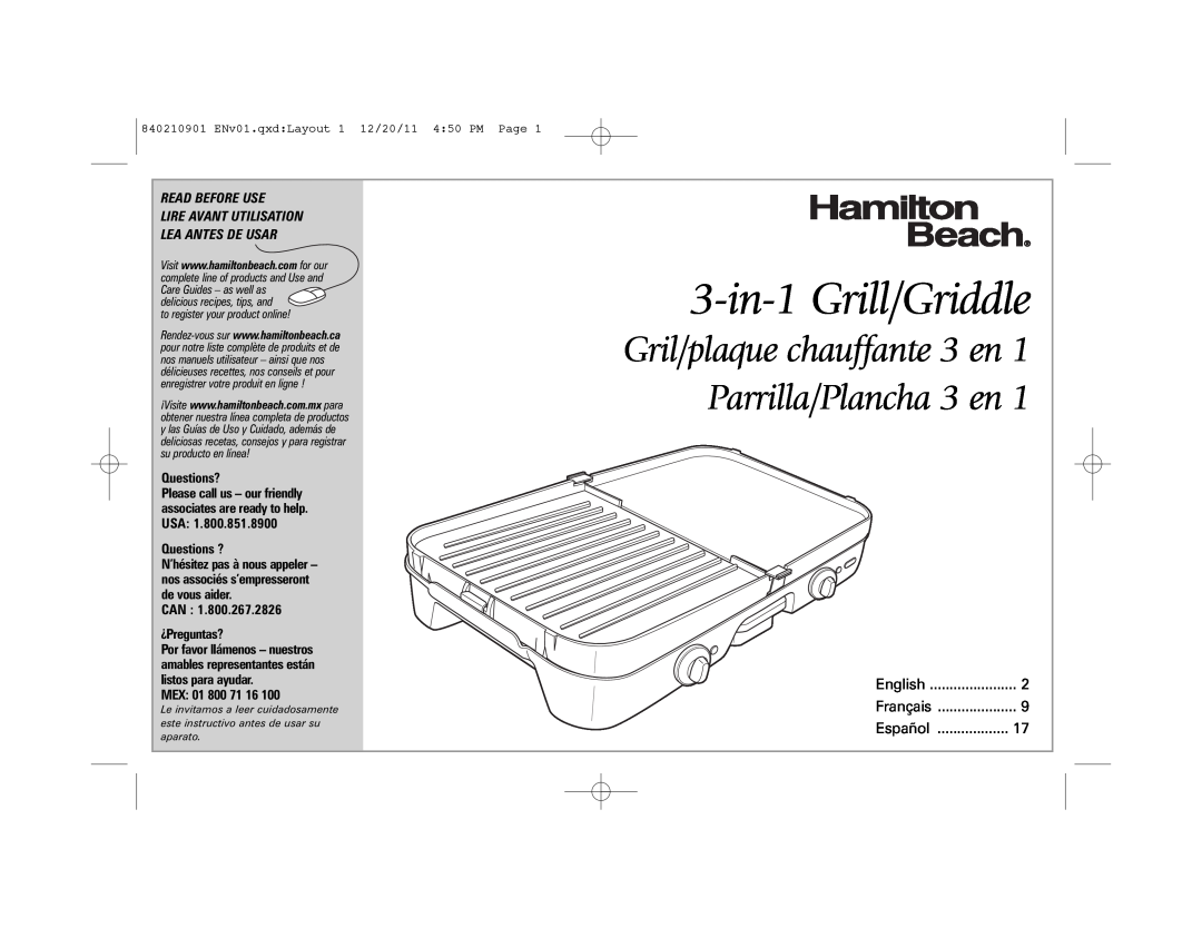 Hamilton Beach 38546 manual 3-in-1 Grill/Griddle, Gril/plaque chauffante 3 en 1 Parrilla/Plancha 3 en, Read Before Use 