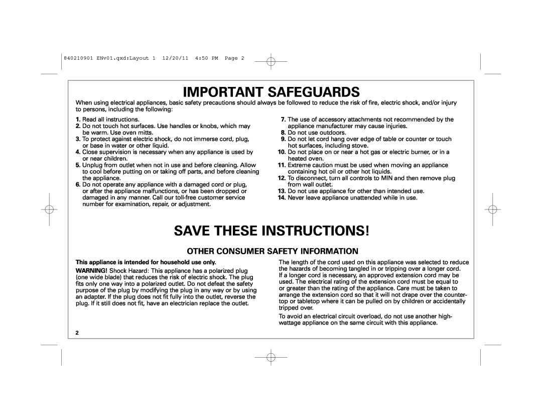 Hamilton Beach 38546 manual Important Safeguards, Save These Instructions, Other Consumer Safety Information 