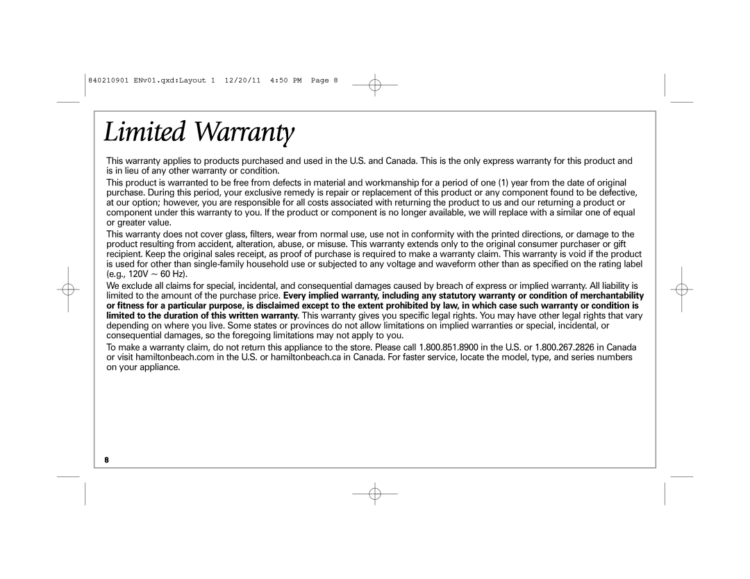 Hamilton Beach 38546 manual Limited Warranty 