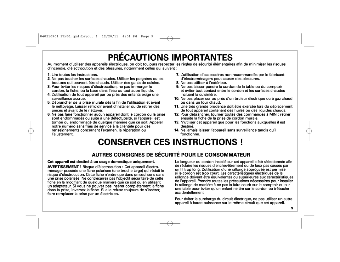 Hamilton Beach 38546 manual Précautions Importantes, Conserver Ces Instructions 