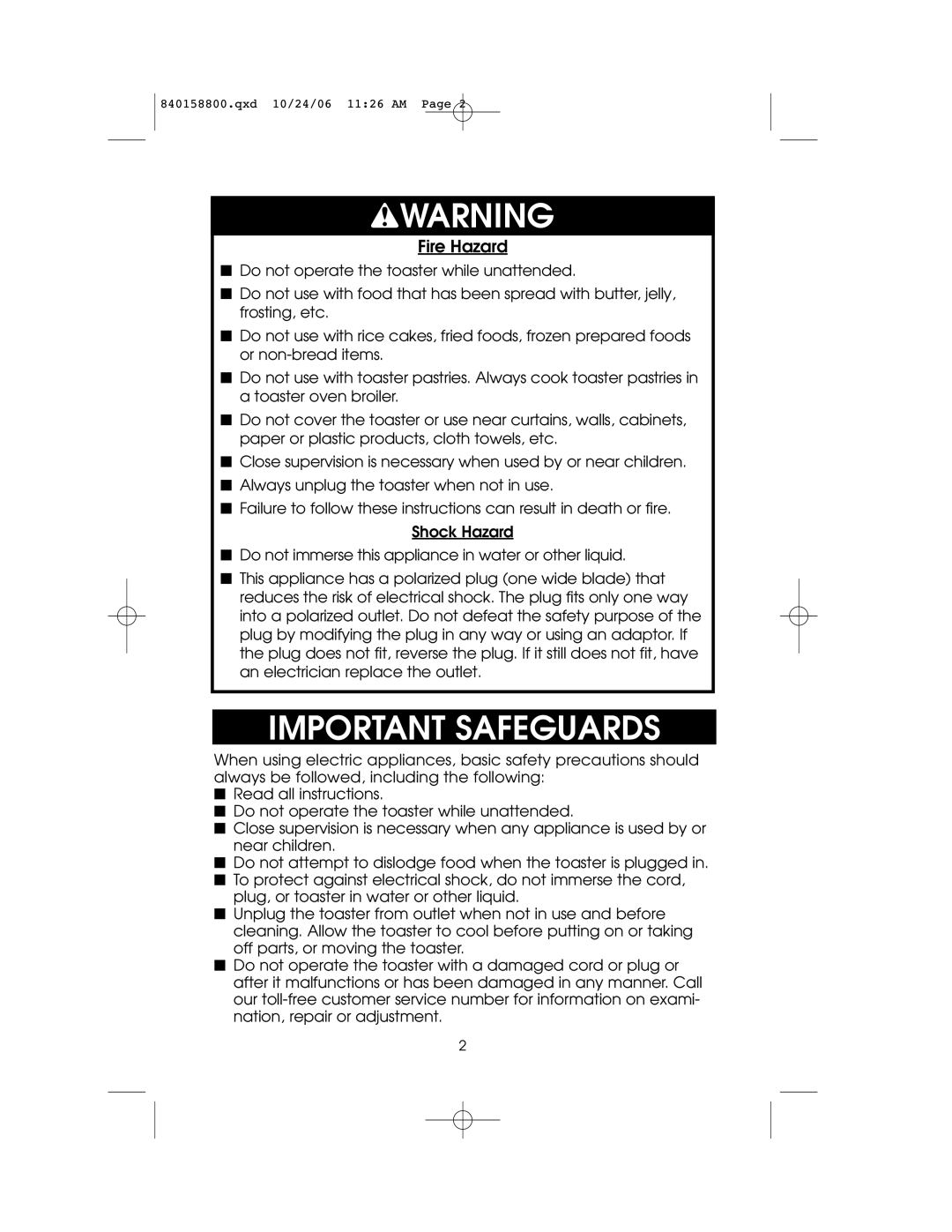 Hamilton Beach 4-slice Toaster owner manual Wwarning, Important Safeguards 