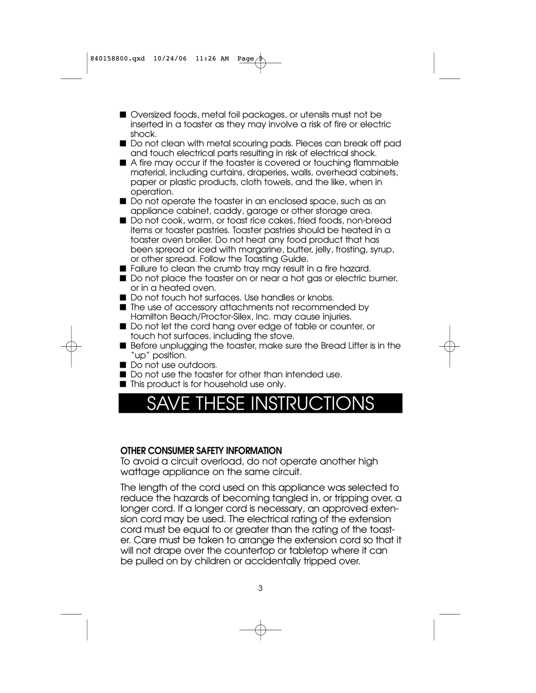 Hamilton Beach 4-slice Toaster owner manual Other Consumer Safety Information 