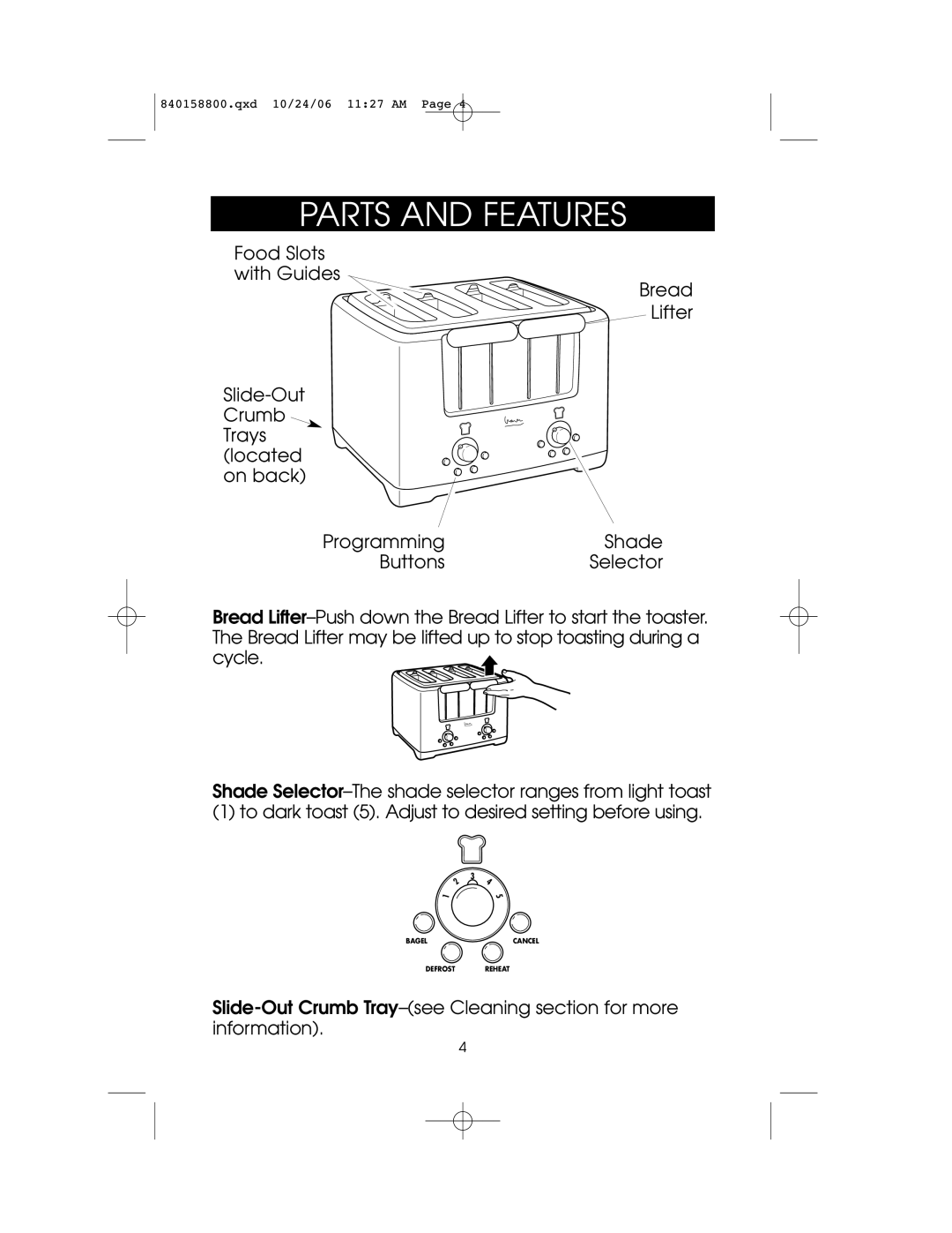 Hamilton Beach 4-slice Toaster owner manual Parts and Features 