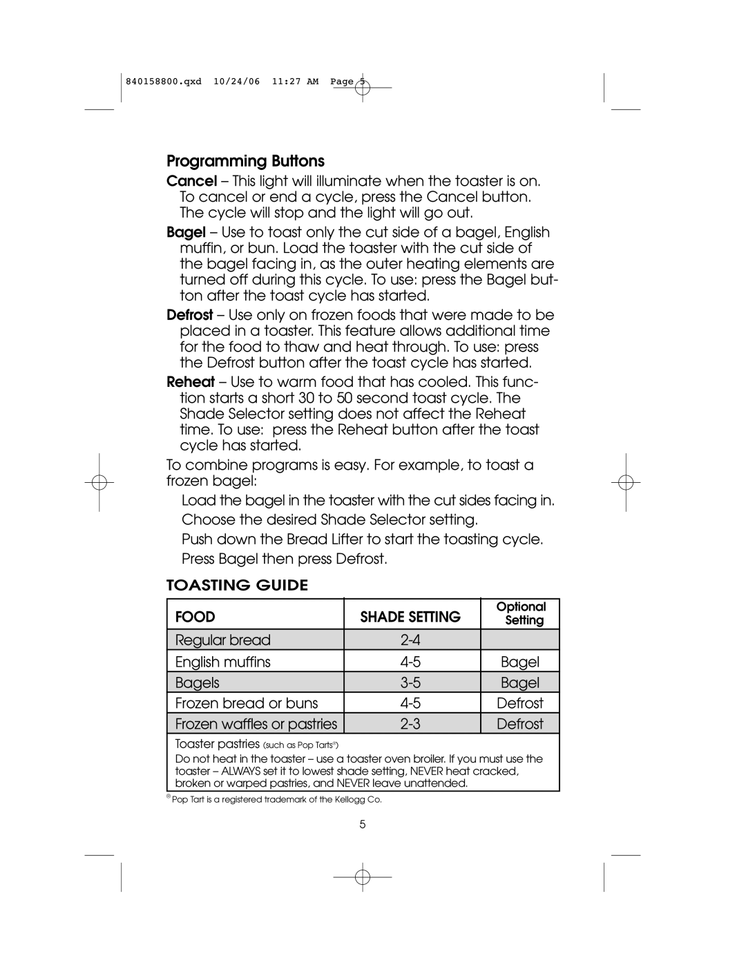 Hamilton Beach 4-slice Toaster owner manual Programming Buttons 