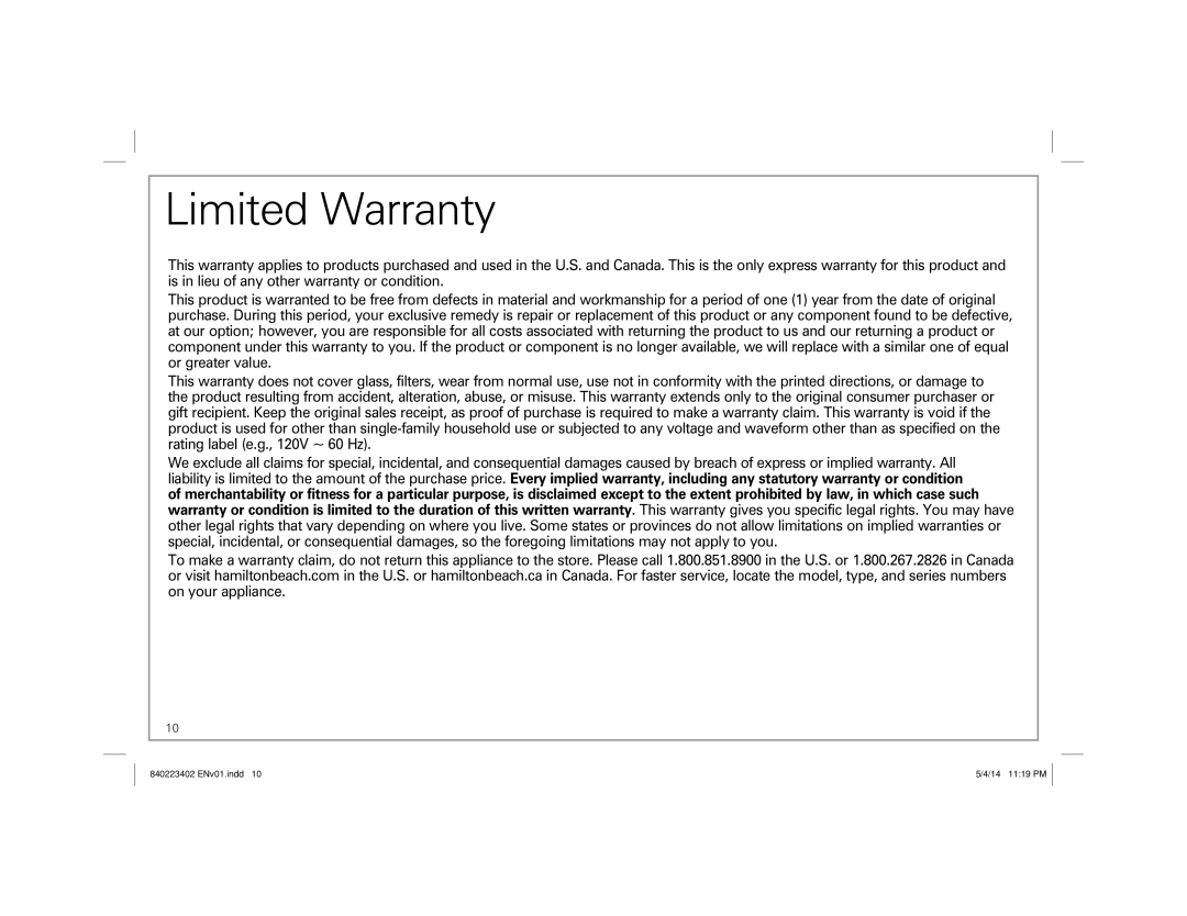 Hamilton Beach 40514 manual Limited Warranty 